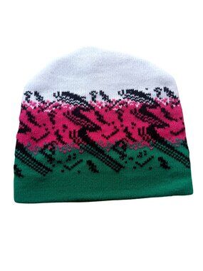 Vintage Ski Cap Knitted Beanie Colorful Abstract Pink Green White Winter 1980s